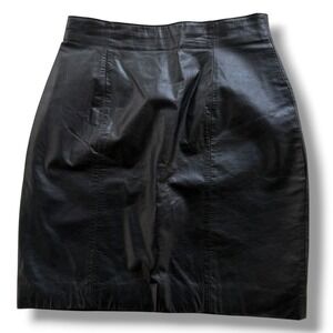 Vintage Byrnes & Baker Women 8 Black Genuine Leather High Waisted Mini Skirt Y2K